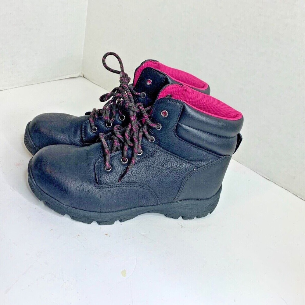 Brahma Womens Sz 7.5 Lace Tie Up Steel Toed Boots Work Black Pink Lining